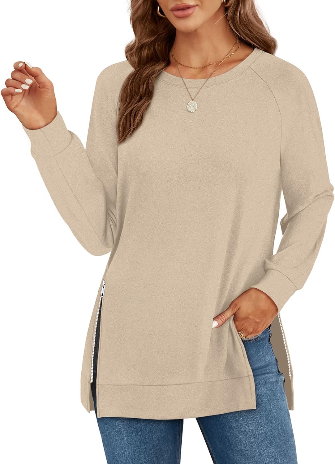 OFEEFAN Women' Sweatshirts Long Sleeve Tunic Tops Crew Neck with Side Zipper Shirt 2023