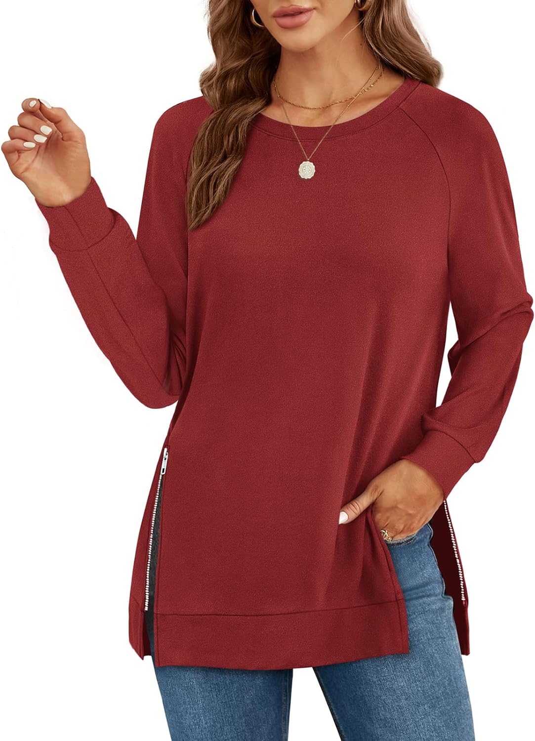 OFEEFAN Women' Sweatshirts Long Sleeve Tunic Tops Crew Neck with Side Zipper Shirt 2023