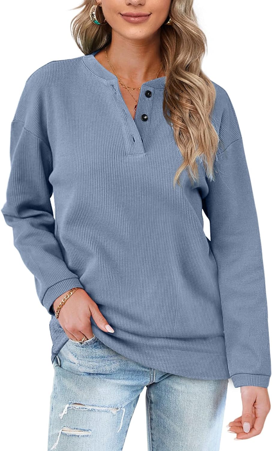 OFEEFAN Womens Casual Sweatshirts Henley Button Up Long Sleeve Tunic Tops