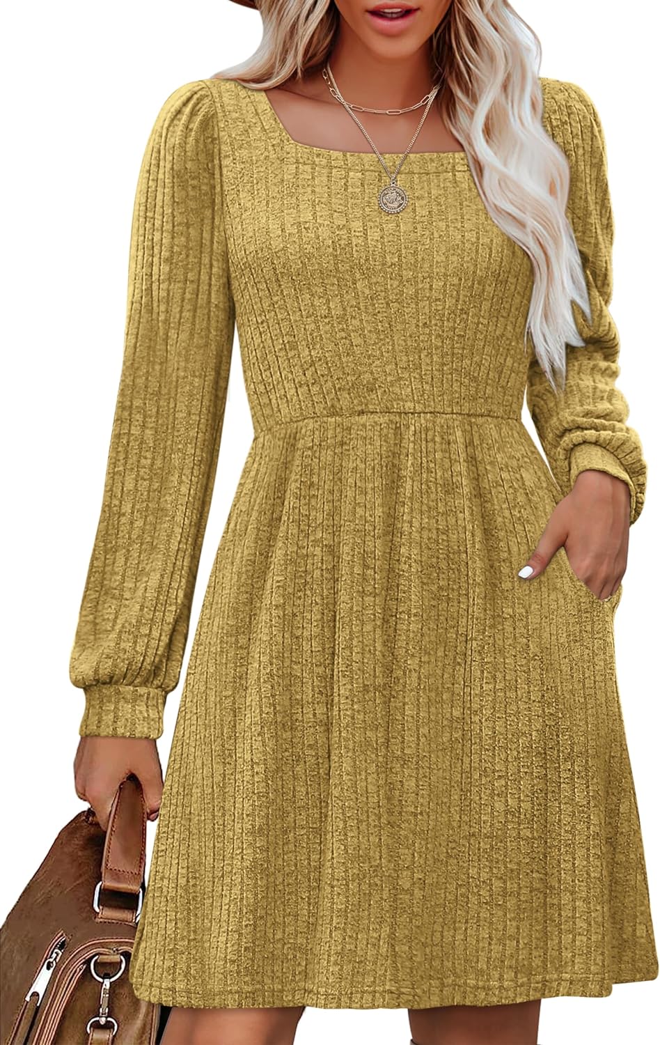 OFEEFAN Womens Knit Dress with Pockets Square Neck Long Sleeve Knee Length Dresses