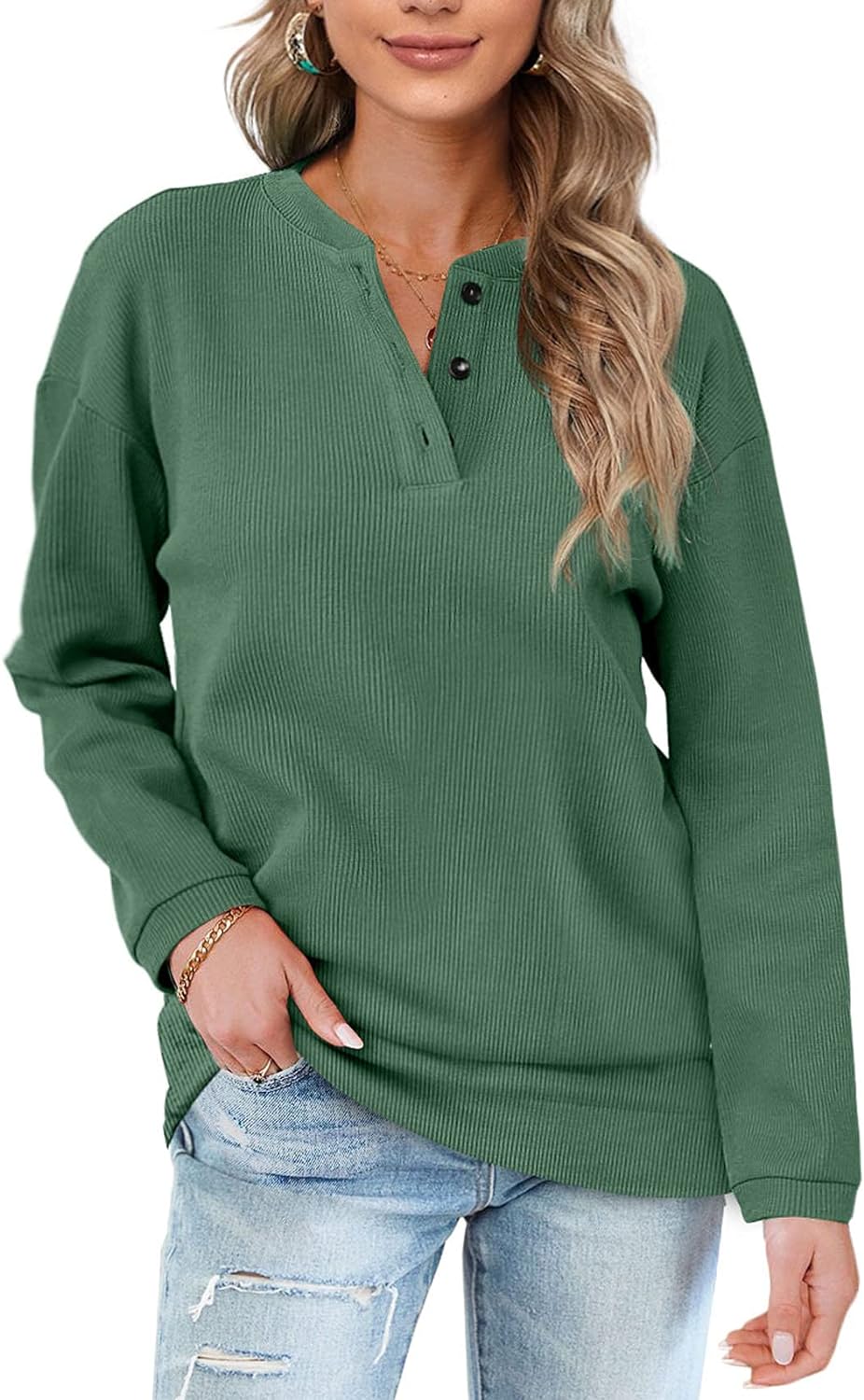 OFEEFAN Womens Casual Sweatshirts Henley Button Up Long Sleeve Tunic Tops