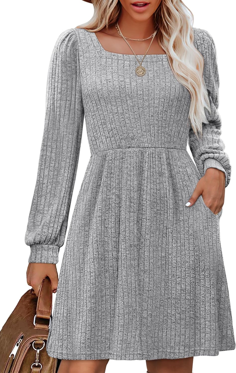 OFEEFAN Womens Knit Dress with Pockets Square Neck Long Sleeve Knee Length Dresses