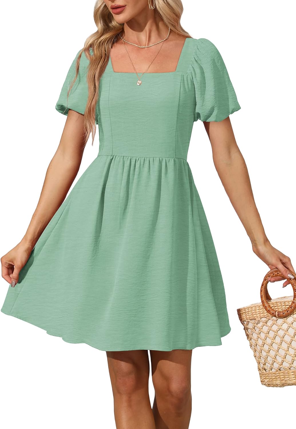 Women Puff Sleeve Square Neck Tie in Back Dresses with Zipper