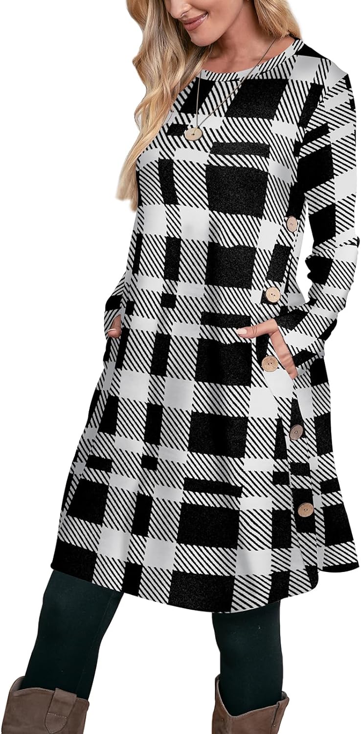 OFEEFAN Women' Winter Dresses Long Sleeve Dress with Pockets Buttons Side