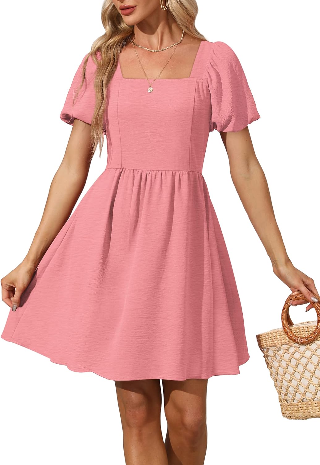 Women Puff Sleeve Square Neck Tie in Back Dresses with Zipper