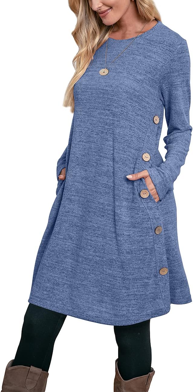 OFEEFAN Women' Winter Dresses Long Sleeve Dress with Pockets Buttons Side