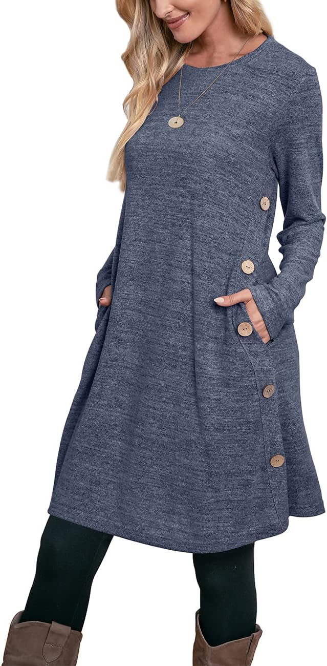 OFEEFAN Women' Winter Dresses Long Sleeve Dress with Pockets Buttons Side