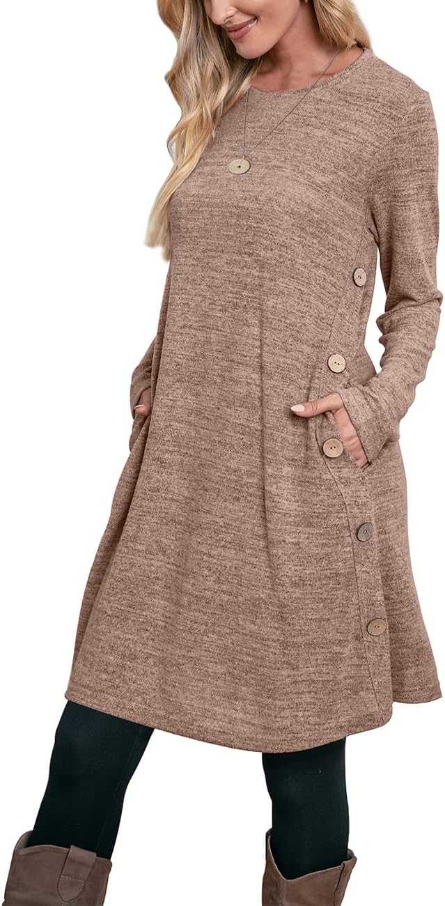 OFEEFAN Women' Winter Dresses Long Sleeve Dress with Pockets Buttons Side