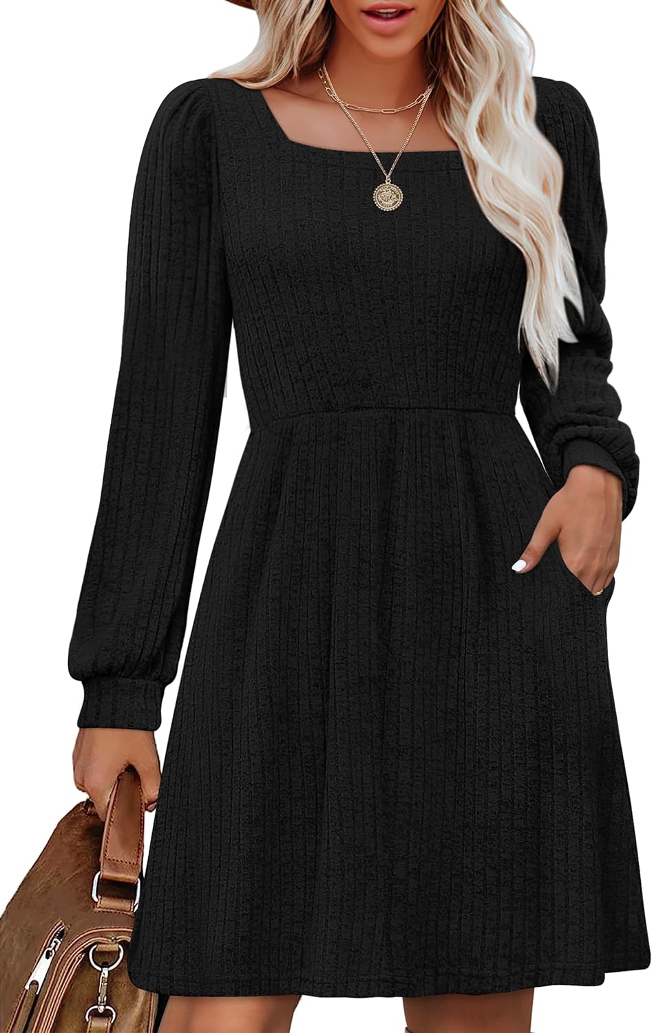 OFEEFAN Womens Knit Dress with Pockets Square Neck Long Sleeve Knee Length Dresses