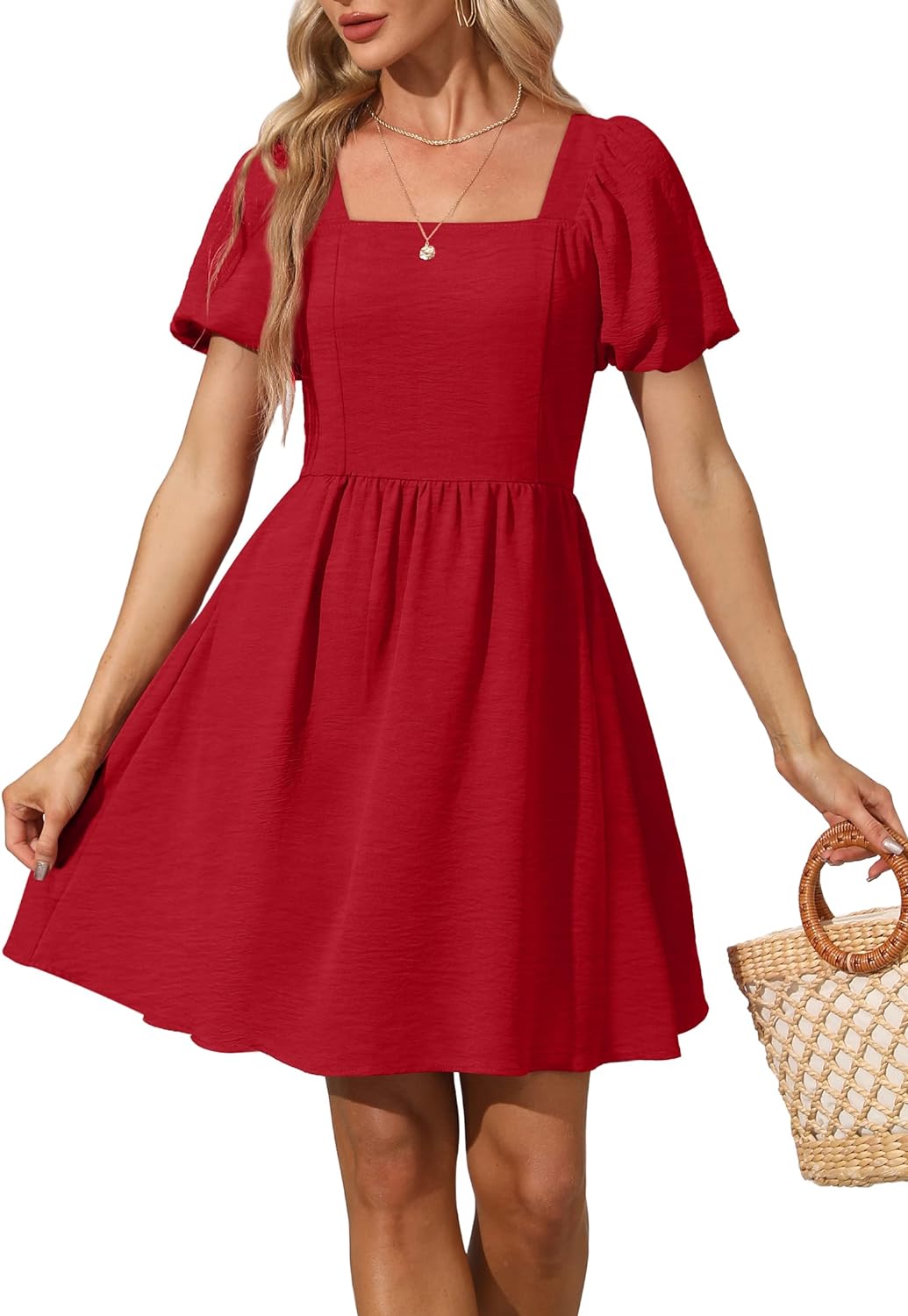 Women Puff Sleeve Square Neck Tie in Back Dresses with Zipper