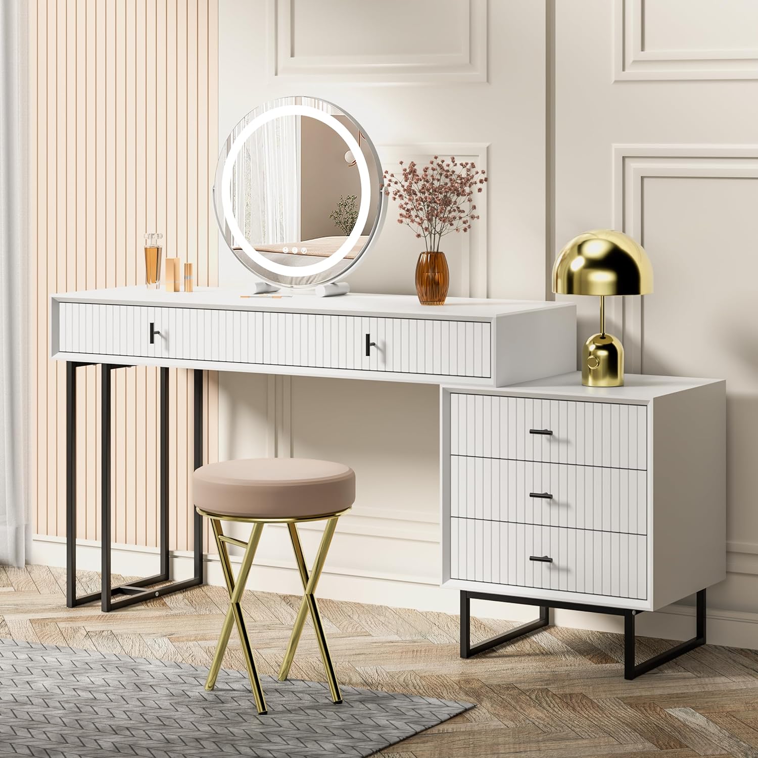 UEV Large Vanity Desk with Drawers,Makeup Vanity Set with Movable 3-Drawer Chest,Modern Makeup Vanity Dressing Table(White)