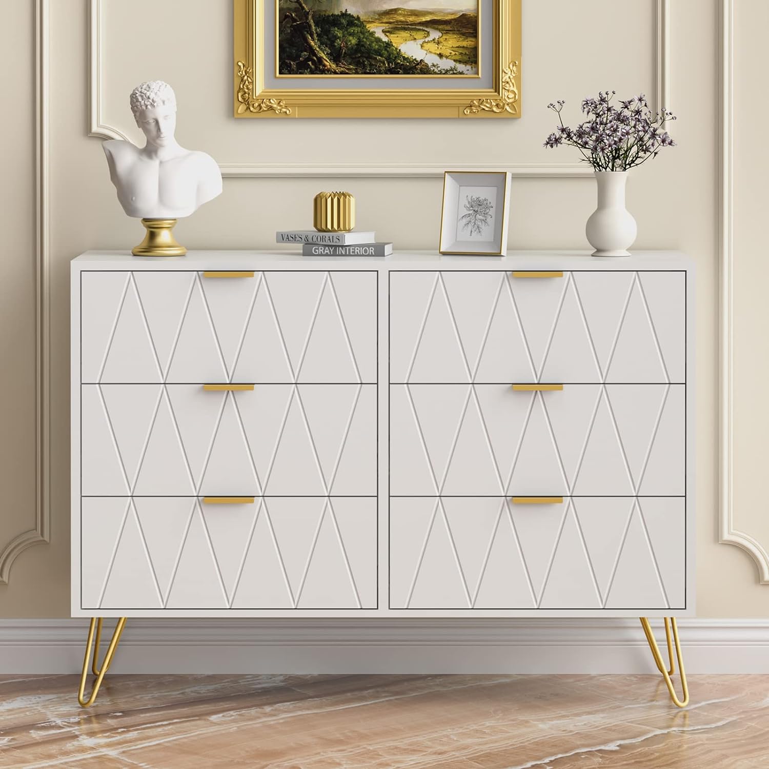 UEV 6 Drawer Dresser,Modern Dresser Chest with Wide Drawers and Metal Handles,Wood Storage Chest of Drawers for Bedroom,Living Room,Hallway,Entryway(White)