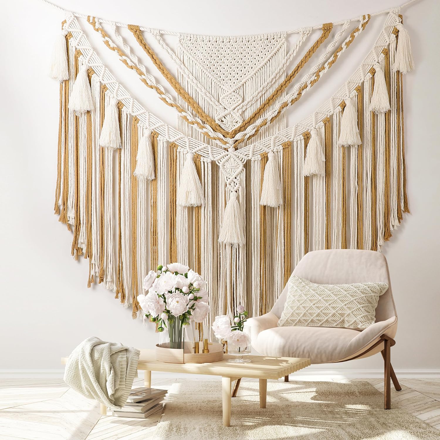 Macrame Wall Hanging, Large Macrame Tapestry Wall Art, Boho Woven Tassel Yarn Tapestry, Above Bed Wall Decor for Bedroom, Bohemian Home Decor, Banner Shape 78''L*41''H (No wooden stick)