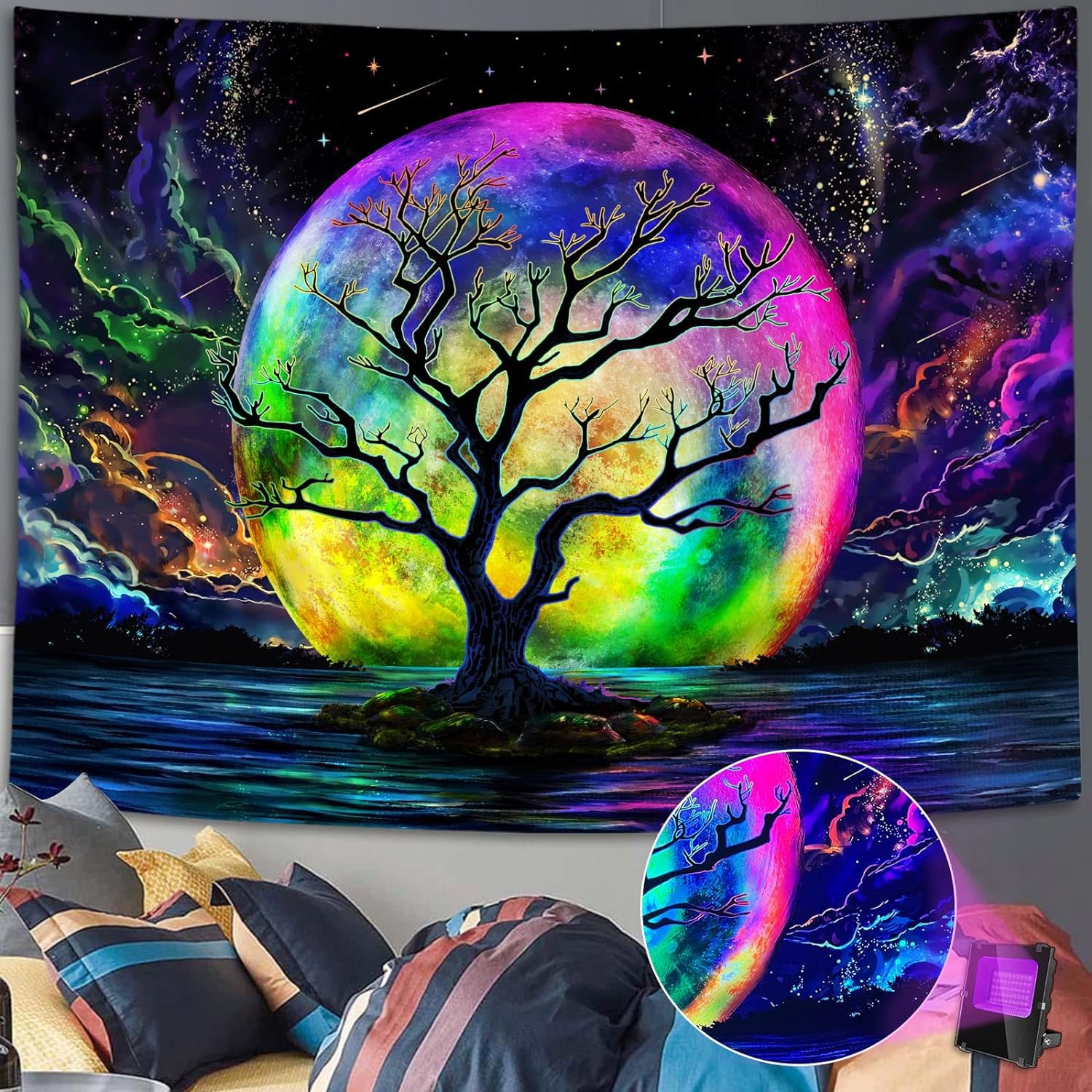 Blacklight Moon Tapestry, UV Reactive Tree Lake Colorful Starry Night Galaxy Space Clouds Wall tapestry for Bedroom Decor 3648 inch