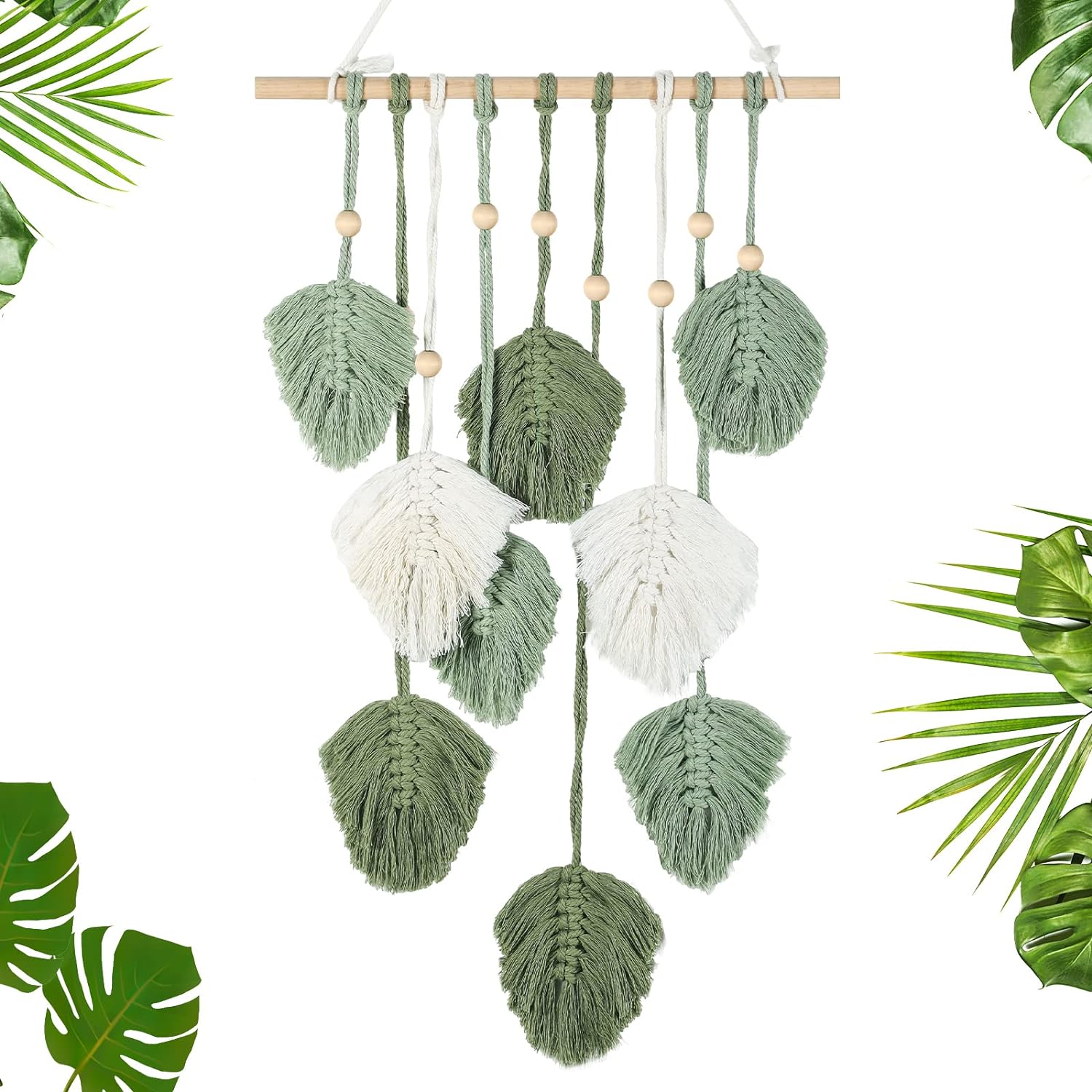 Oudain Leaves Macrame Wall Hanging Green Feather Macrame Boho Wall Decor Large Leaf Yarn Wall Hanging Tapestry Handmade Woven Wall Art for Bedroom Nursery Home, 16.5 x 35.4 Inch (Green)