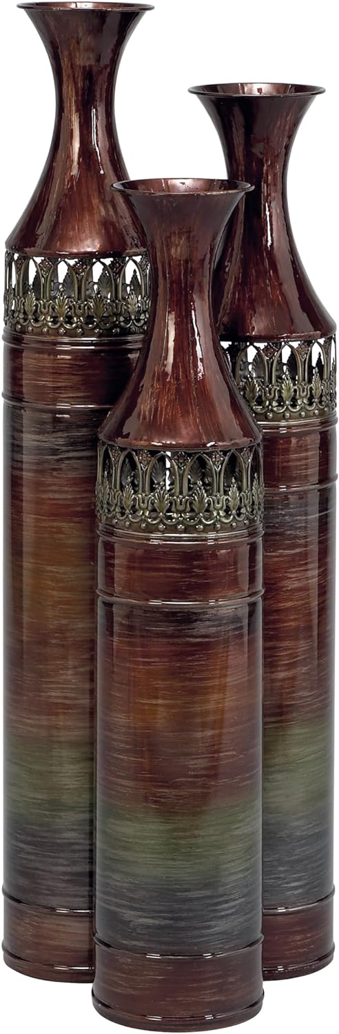 Deco 79 Metal Cylinder Vase with Laser Cut Antefix Design, Set of 3 34, 31, 28H, Bronze Brown