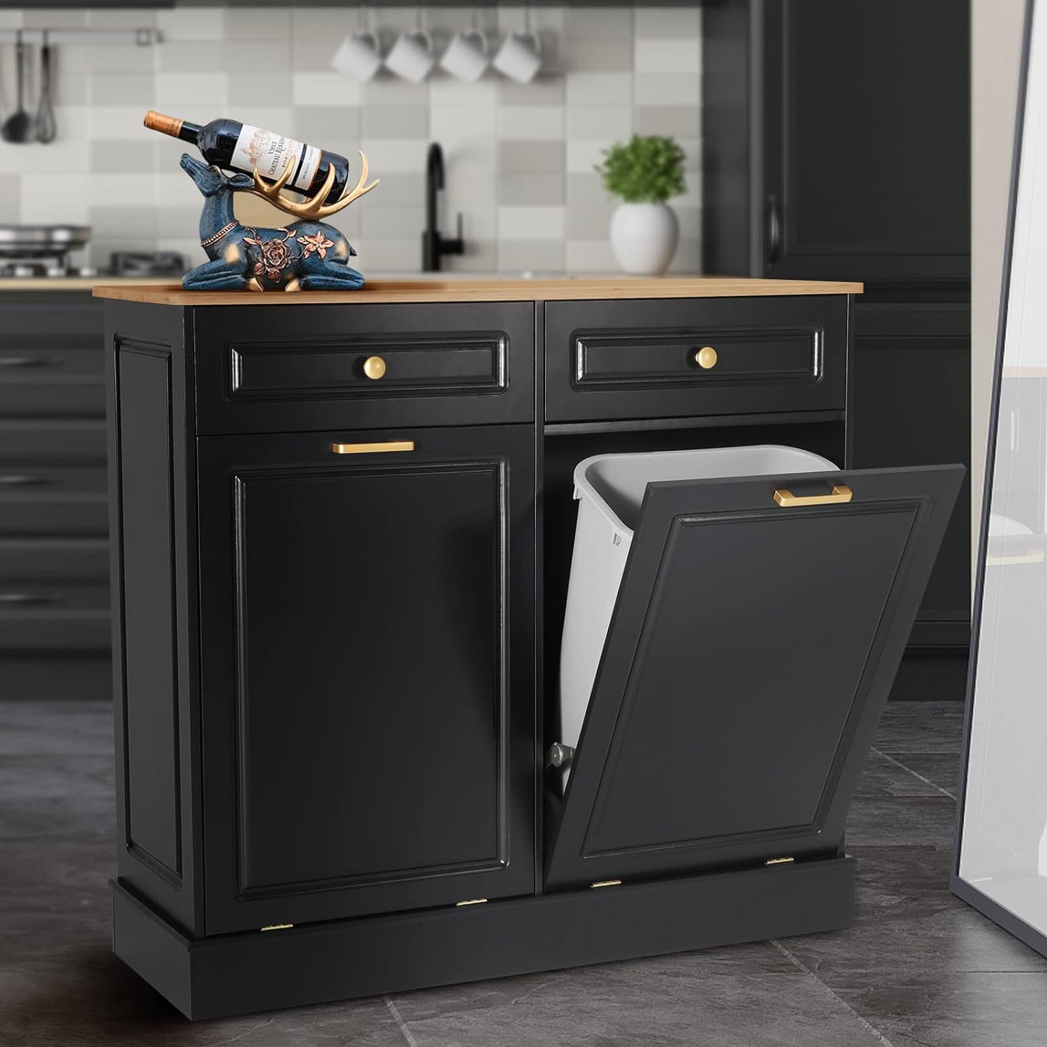 UEV Double Kitchen Trash Cabinets,Two Tilt Out Trash Cabinets with Solid Hideaway Drawers,Free Standing Wooden Kitchen Trash Can Recycling Cabinet Trash Can Holder (Black)