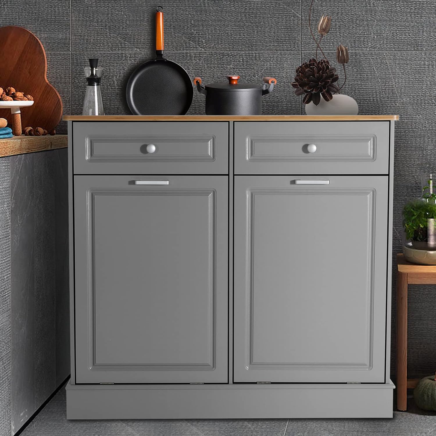 UEV Double Kitchen Trash Cabinets,Two Tilt Out Trash Cabinets with Solid Hideaway Drawers,Free Standing Wooden Kitchen Trash Can Recycling Cabinet Trash Can Holder (Grey)