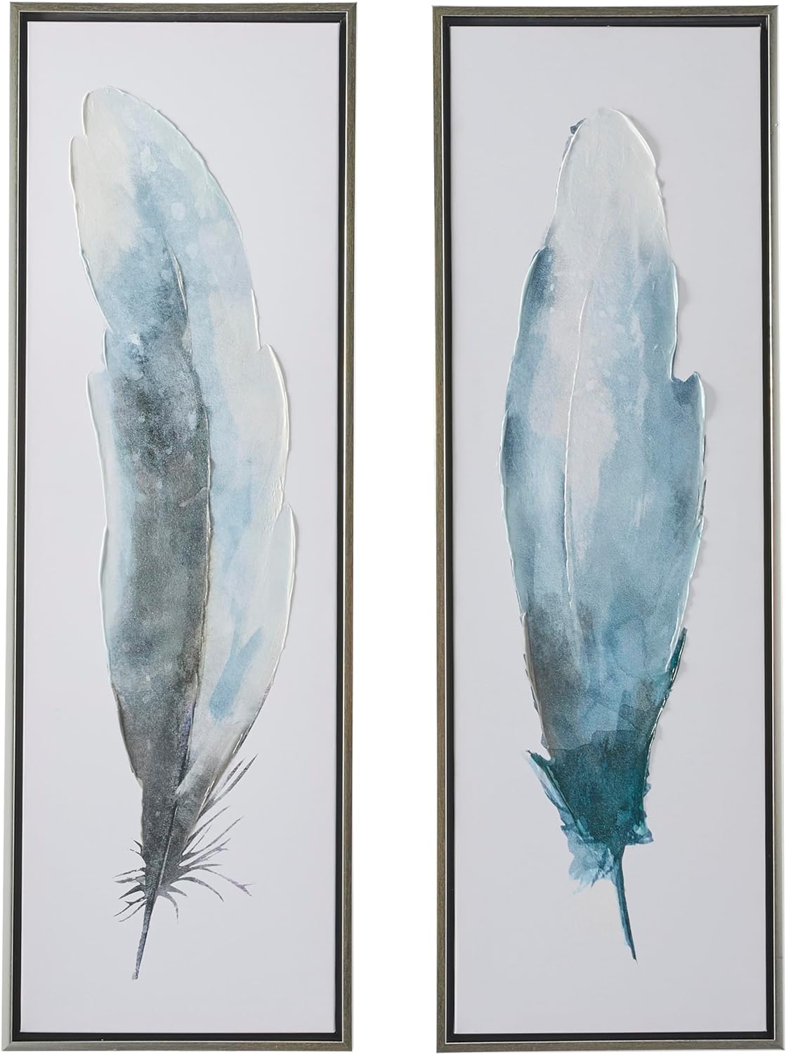 Deco 79 Canvas Bird Feathers Framed Wall Art with Silver Frame, Set of 2 16 W, 47 H, Blue