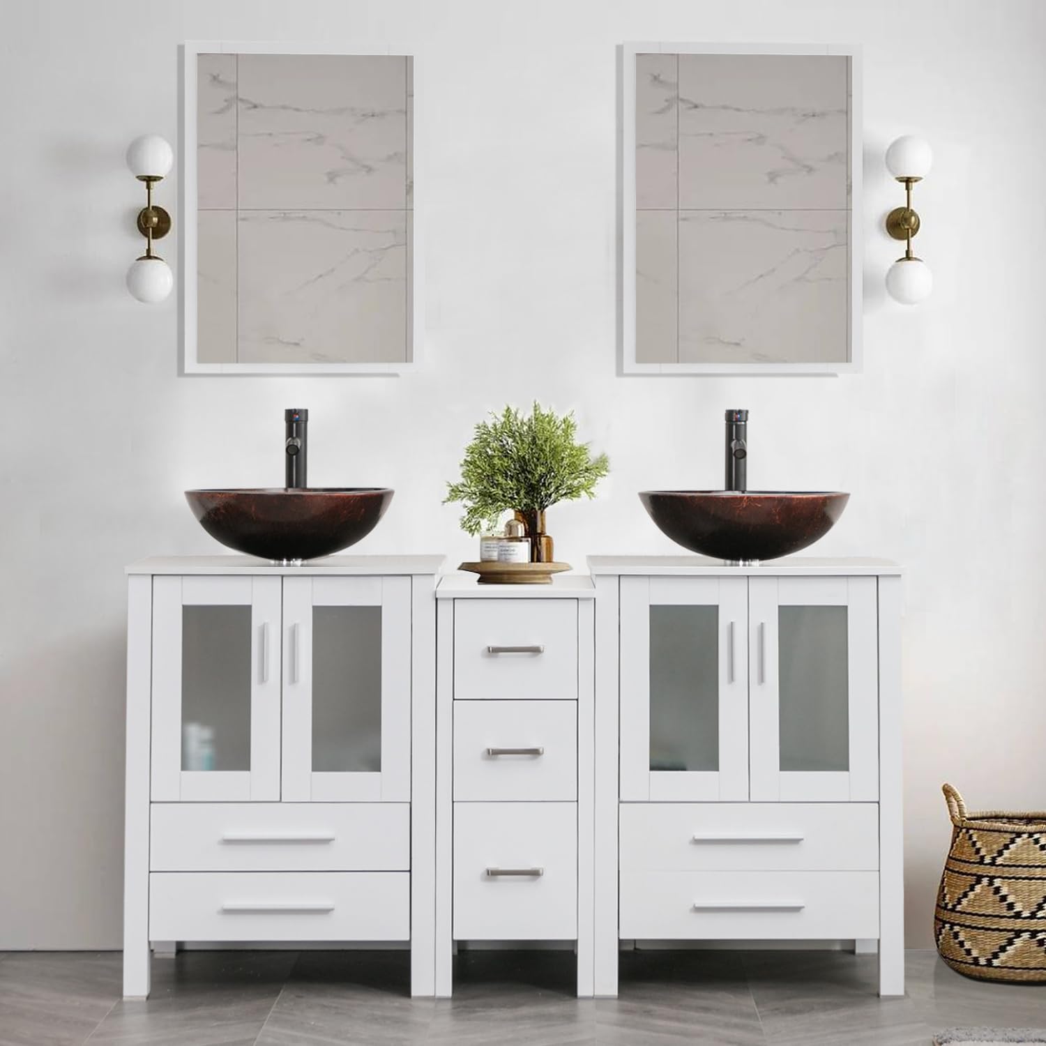 UEV 60 White Bathroom Vanity Set with Mirror,Double Vanity with Round Glass Vessel Sink Combo,Removable Vanity Pedestal, (A09)