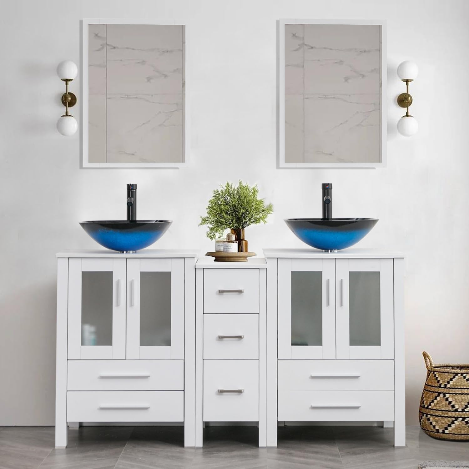 UEV 60 White Bathroom Vanity Set, Double Vanity with Double Vessel Sink Combo and Removable Side Cabinet (A04 Vessel Set)