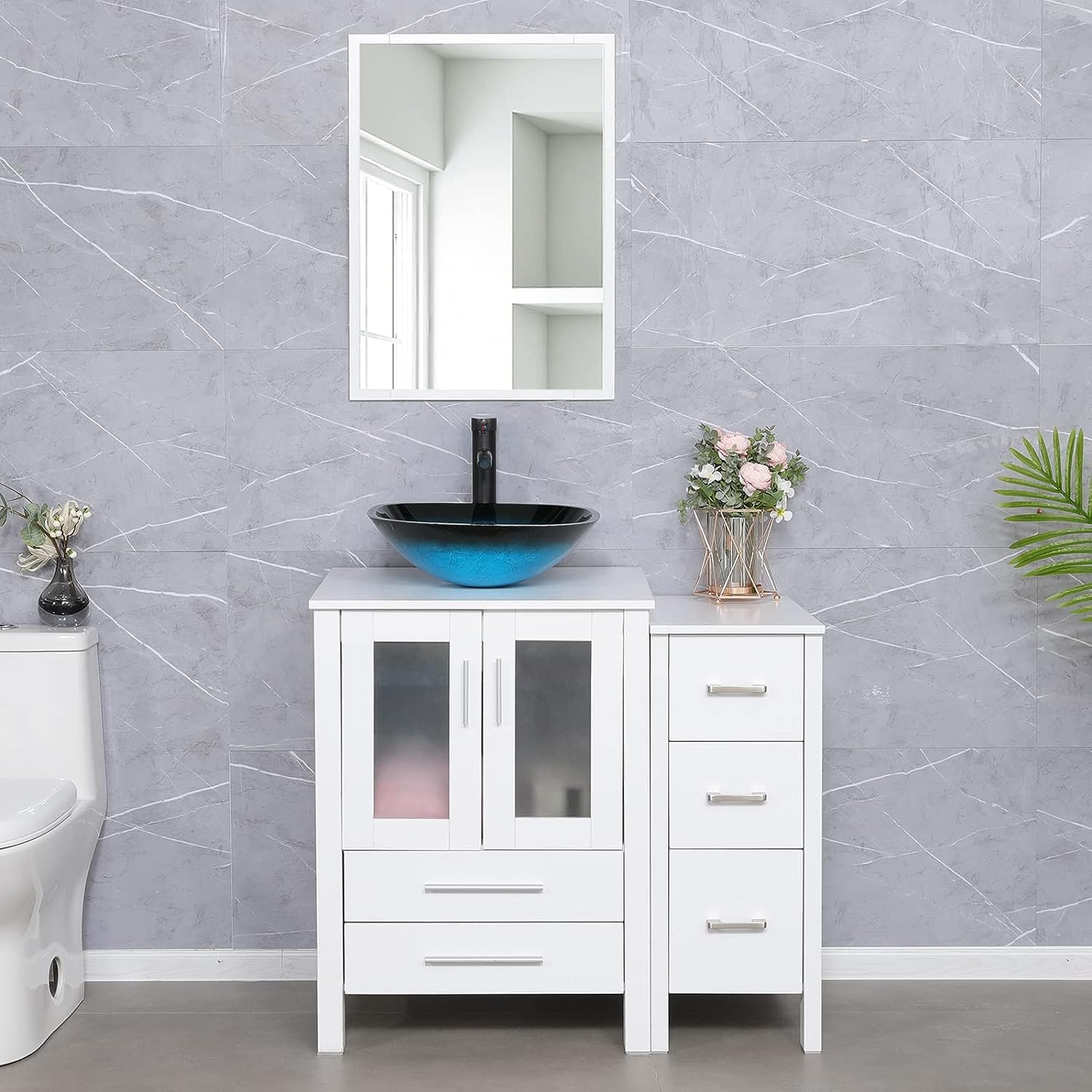 UEV 36 White Bathroom Vanity and Sink Combo & Removable Side Vanity, Modern Vanity and Sink Combo Set, Include Mirror&Faucet (A10 Set)