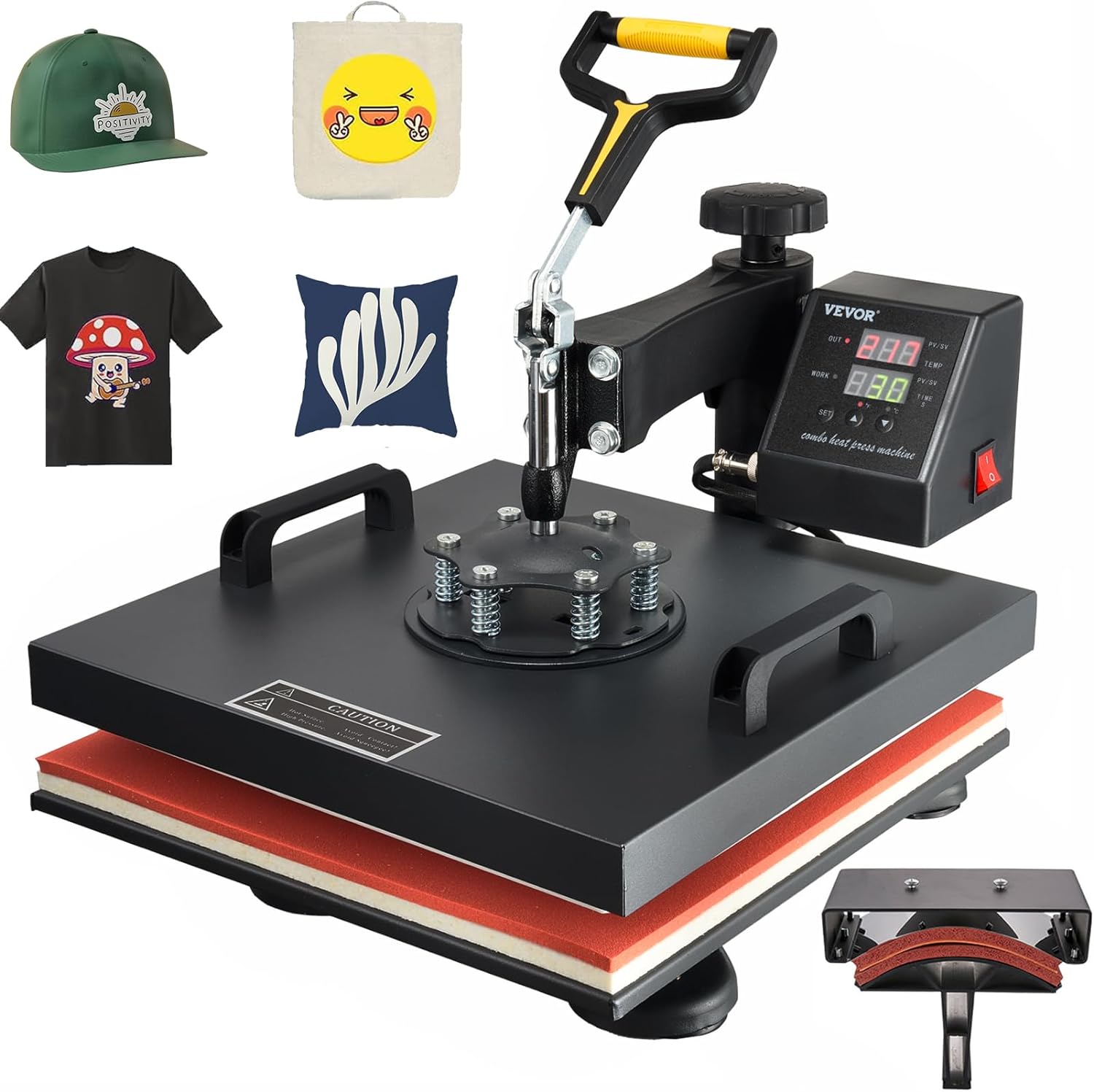 15x15 Heat Press Machine 2 in 1 Combo(with Hat Press), 360 Swing Away Digital Tshirt Press Machine, Clamshell Heat Transfer Sublimation for Printing T-Shirt Hat Cap Pillow Bag