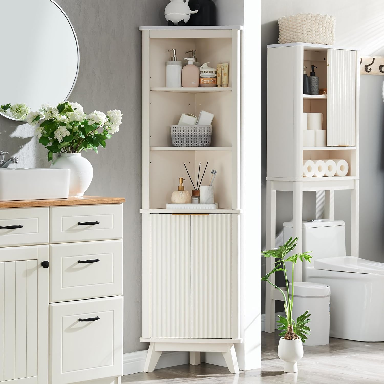 T4TREAM Fluted Corner Cabinet, 68 Tall Modern Storage Cabinet with Faux Marble Top and Adjustable Shelves, Curved Profile Bookshelf for Bathroom, Kitchen, Living Room, Dining Room, Off White