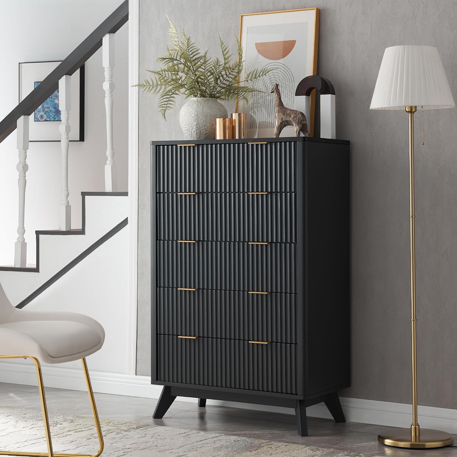 T4TREAM Fluted 5 Drawers Dresser, 48 Tall Modern Chest of Drawers with Faux Marble Top, Curved Profile Design, Wood Drawer Organizer for Bedroom, Living Room, Hallway, Entryway, Dark Grey