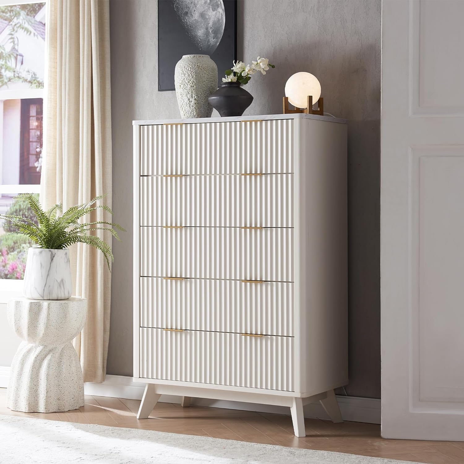 T4TREAM Fluted 5 Drawers Dresser, 48 Tall Modern Chest of Drawers with Faux Marble Top, Curved Profile Design, Wood Drawer Organizer for Bedroom, Living Room, Hallway, Entryway, Solid White