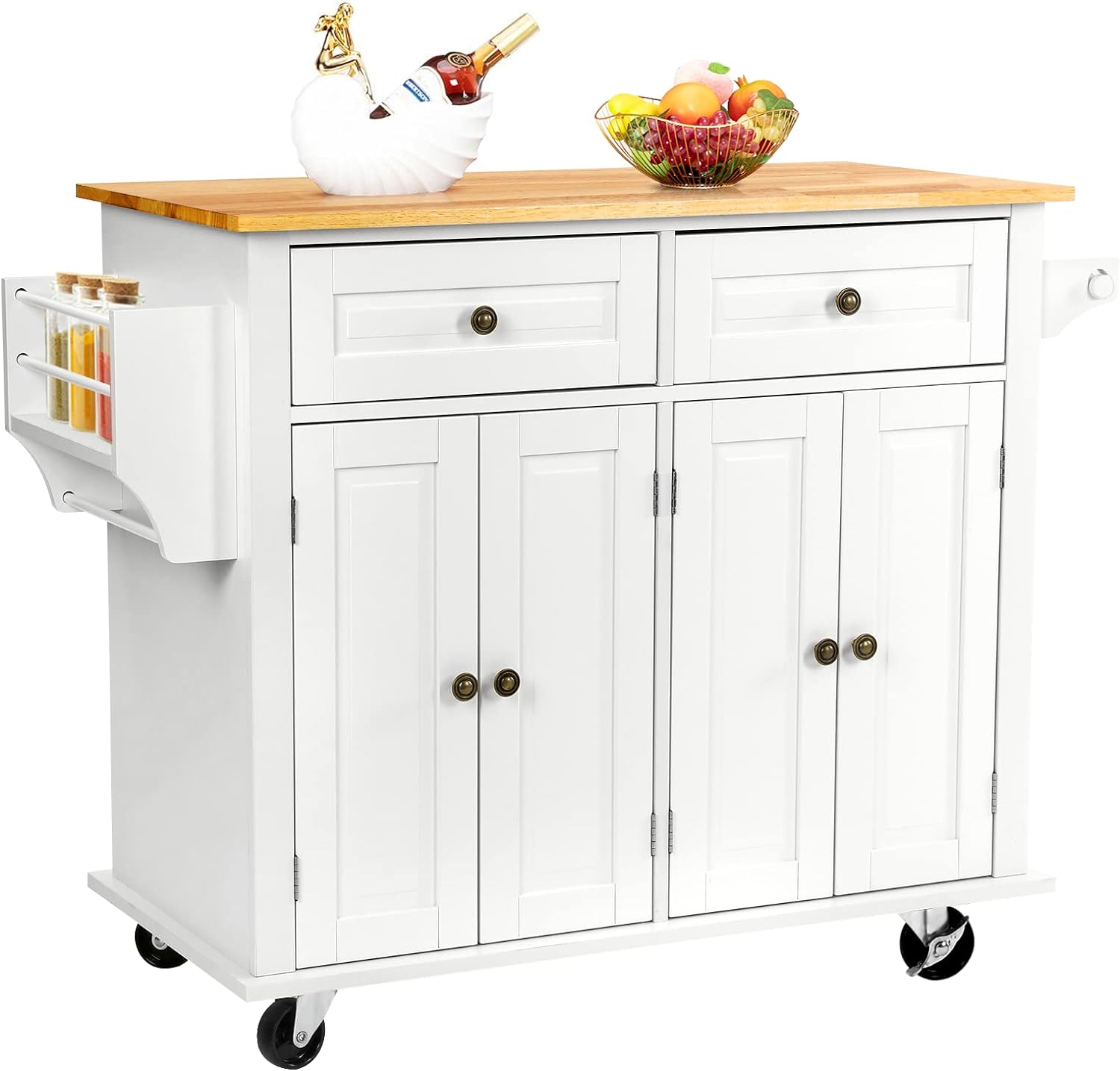 TUSY 43 Kitchen Island with Storage, Rolling Kitchen Cart with Lockable Wheels, Solid Wood Tabletop Kitchen Island Table for Kitchen, Living Room, White