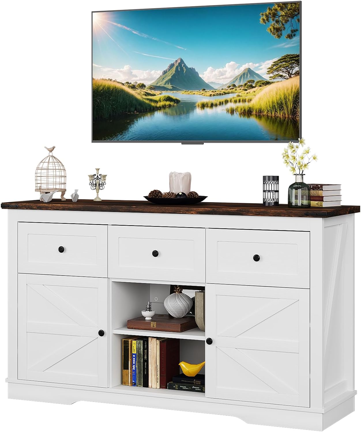 oneinmil TV Stand with Barn Doors, Media Entertainment Center with Storage TV Console for TV Up to 60 Inch, 54 Inch Farmhouse TV Stand Suitable for Living Room, White