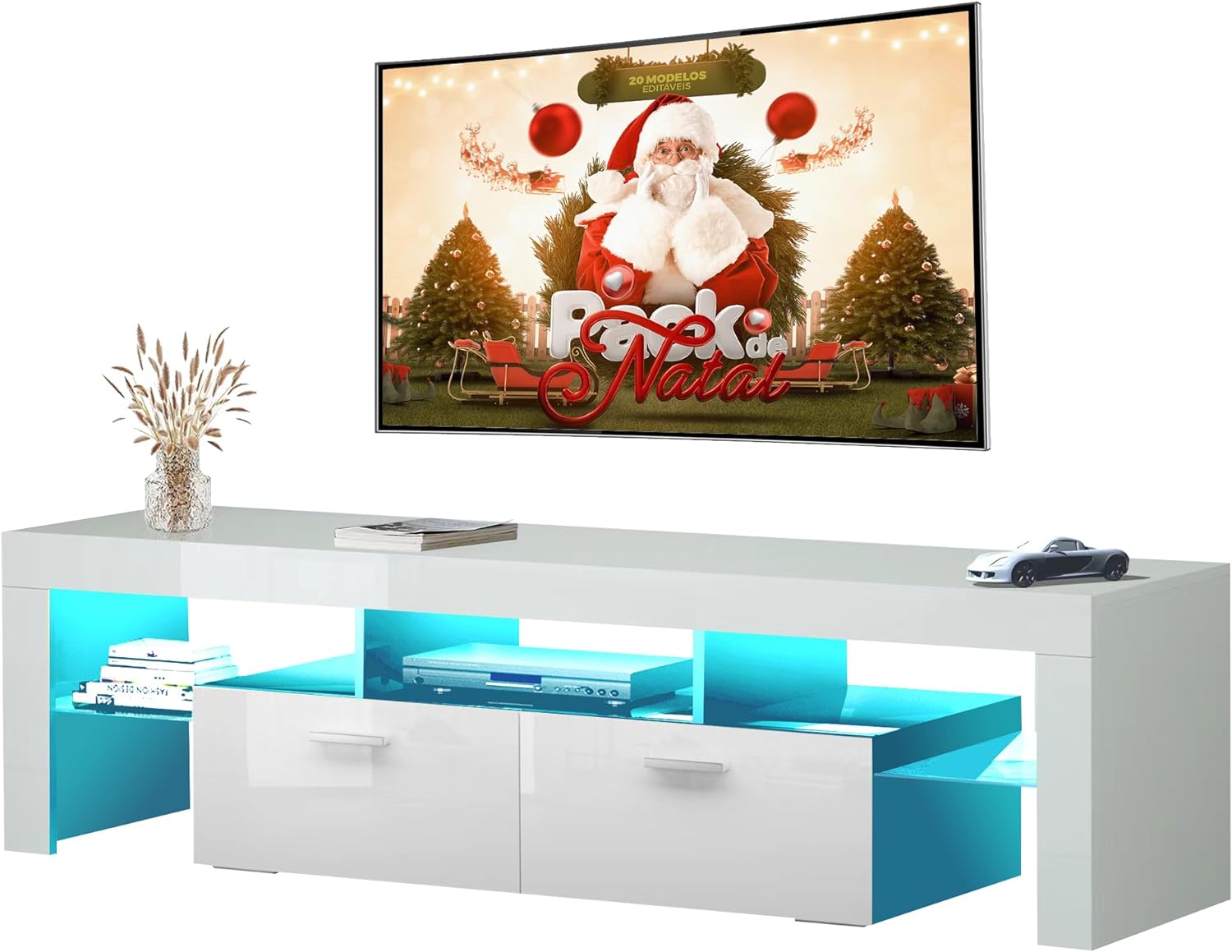 Modern LED 63 inch TV Stand for 50 55 65 70 inch TV with LED Lights and Storage Drawers, LED Entertainment Center for Living Room, Bedroom, High Gloss White TV Console, Television Stands