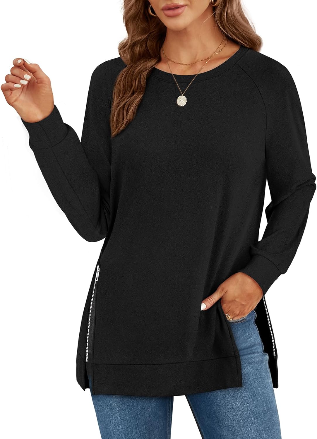 OFEEFAN Women' Sweatshirts Long Sleeve Tunic Tops Crew Neck with Side Zipper Shirt 2023