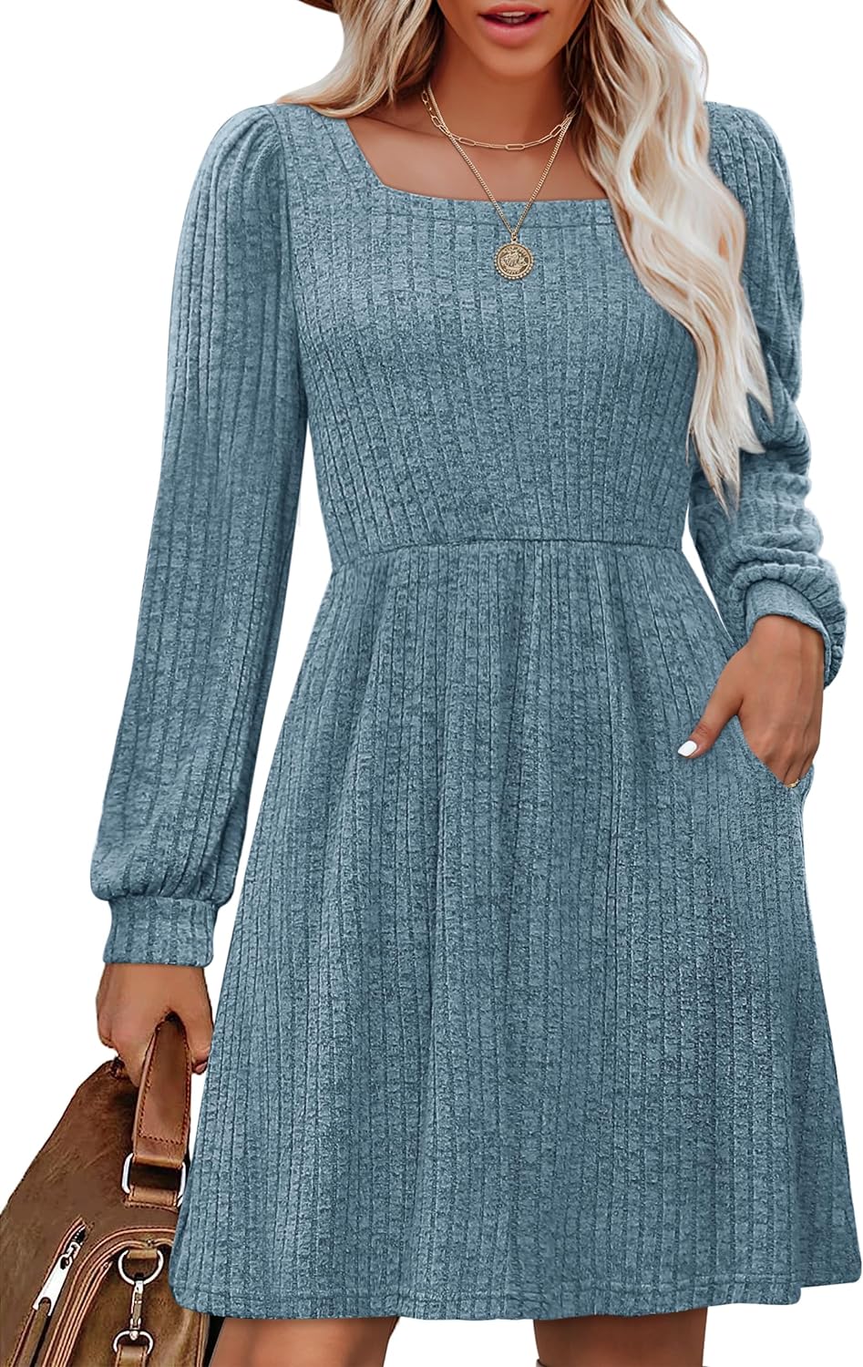 OFEEFAN Womens Knit Dress with Pockets Square Neck Long Sleeve Knee Length Dresses