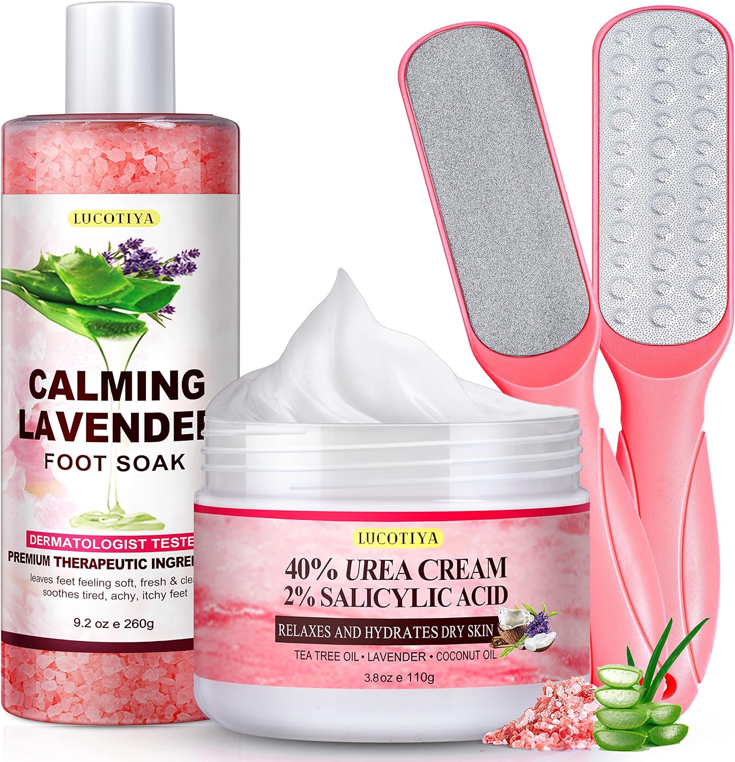 Foot Soak Set Pedicure Kit Foot Spa Callus Remover for Feet Cuticle Remover Foot File for Dead Skin Pink Salt Urea Cream for Feet Aloe Lavender Pedicure Supplies Dry Cracked Feet for Women Men