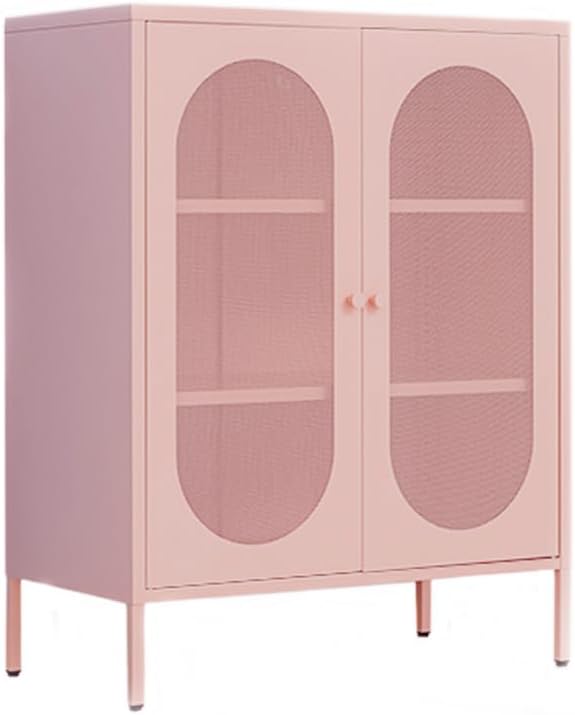 2 Mesh Door Metal Storage Cabinet for Bed Room,Living Room,Home,Hotel,Office,Garage,Kitchen,3-Tier,2 Removable Shelves. (Pink)