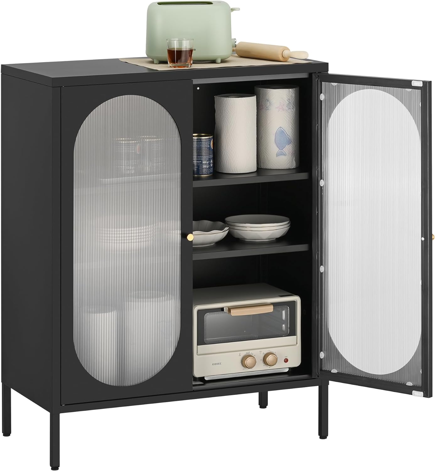 Buffet Sideboard Cabinet, Metal Storage Cabinet with Mesh Glass Doors, Two Color Handles, Liquor Cabinet with Adjustable Shelves for Kitchen, Dining Room, Living Room, Black