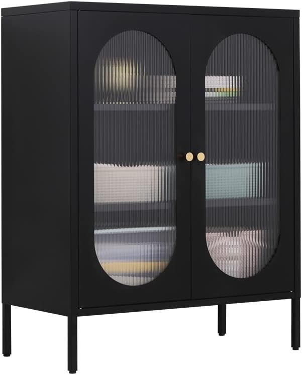 Metal Storage Accent Cabinet for Living Room,Bedroom,Home,Office,Kitchen,3-Tier,Glass Door,Removable Shelves (2 Glass Door, Black)