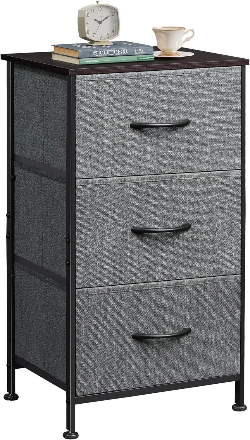 WLIVE Dresser with 3 Drawers, Fabric Nightstand, Organizer Unit, Storage Dresser for Bedroom, Hallway, Entryway, Closets, Sturdy Steel Frame, Wood Top, Easy Pull Handle, Dark Grey