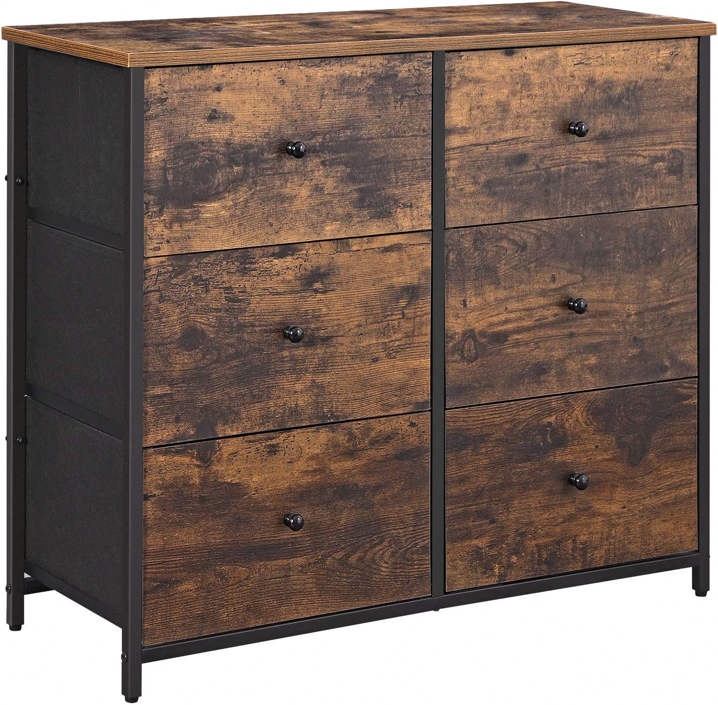 SONGMICS Dresser for Bedroom, Chest of Drawers, 6 Drawer Dresser, Closet Fabric Dresser with Metal Frame, Wooden Top and Front, Brown and Black ULGS23H