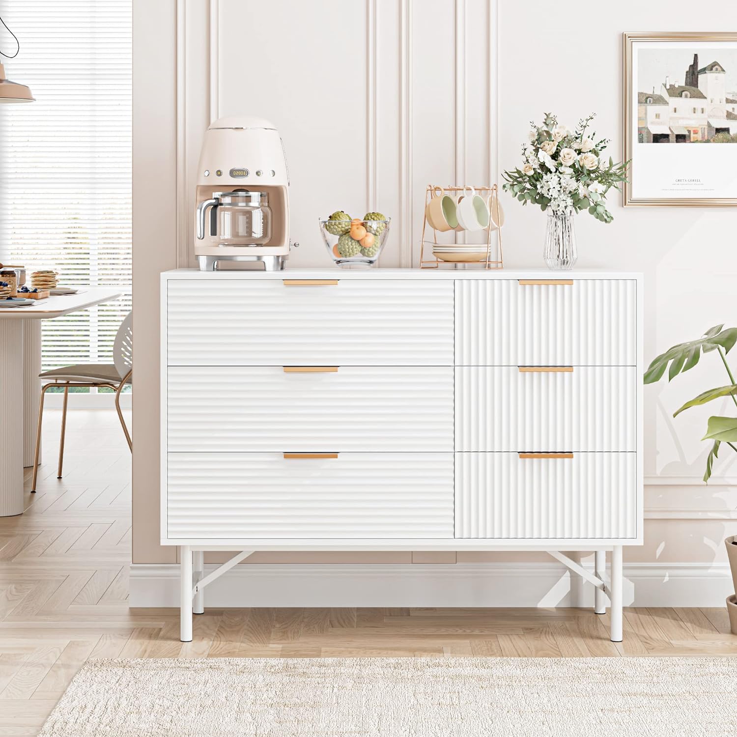 White Dresser, 6 Drawer Double Dresser with Deep Drawers and Metal Handles, Wood Dressers with Firm Legs, Storage Chest of Drawers for Living Room