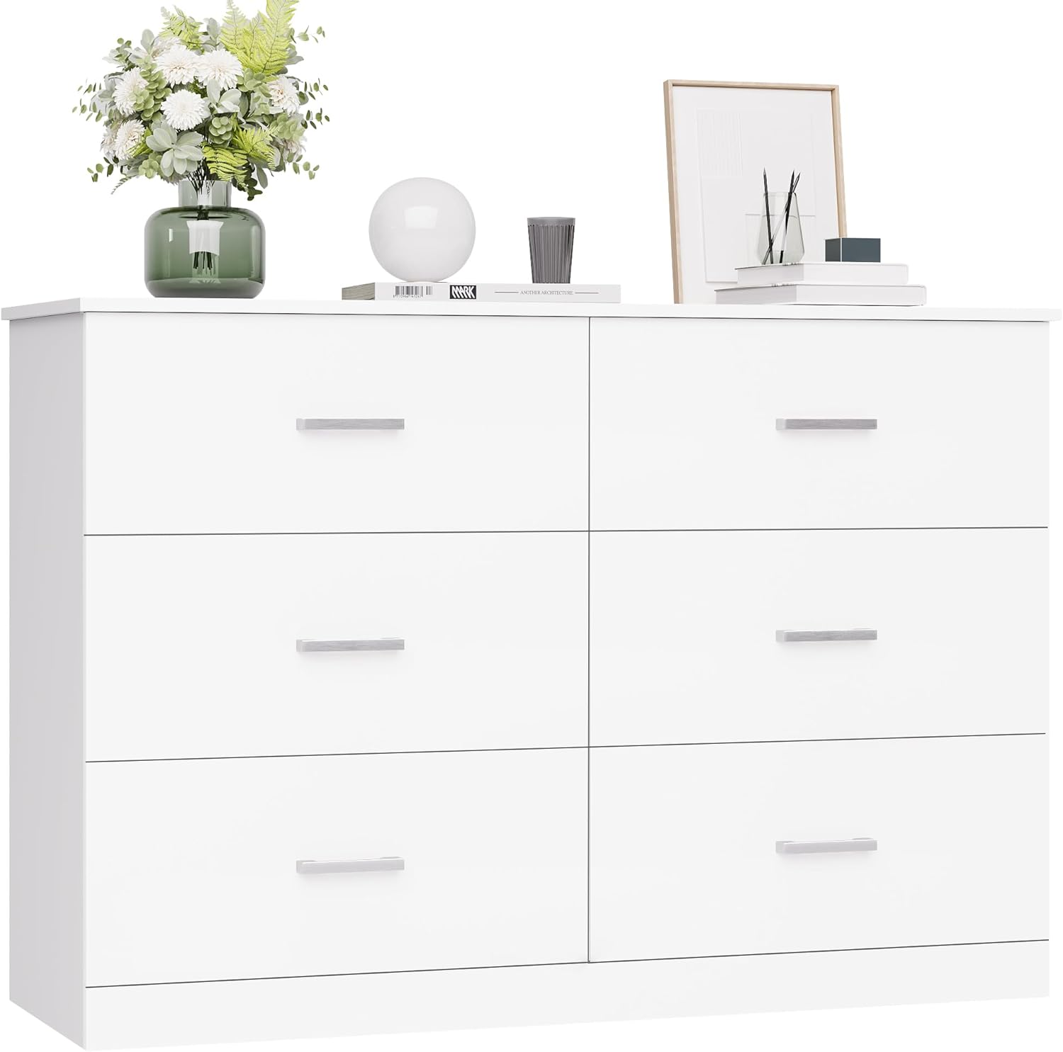 FOTOSOK White Dresser, 6 Drawer Dresser Wide Chest of Drawers for TV Stand, Modern Dresser White Floor Storage Drawer Cabinet for Home Office, White