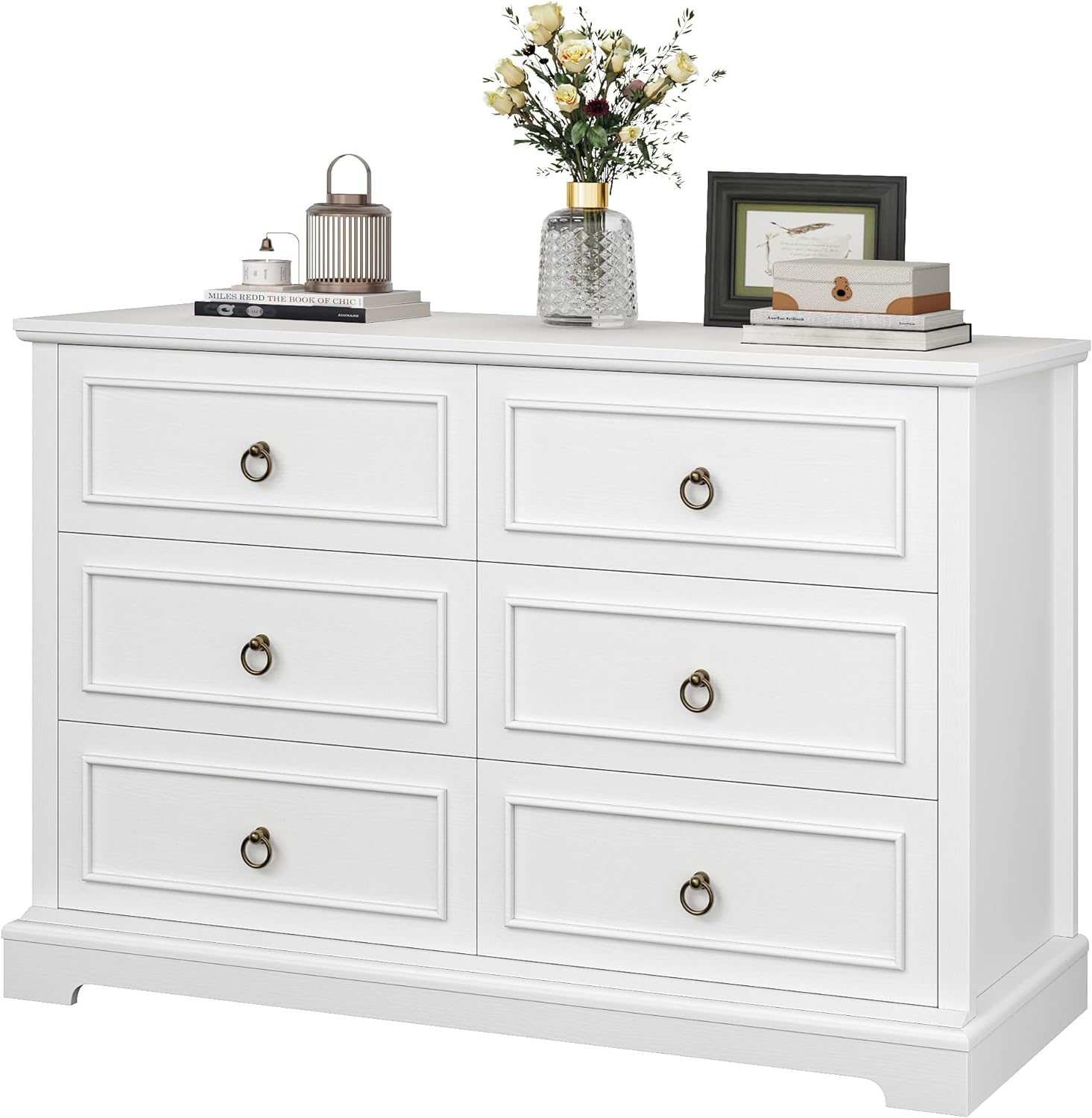 HOSTACK 6 Drawer Double Dresser, Modern Farmhouse Chest of Drawers, Wide Dressers Organizer, Accent Wood Storage Cabinet for Living Room, Hallway, White