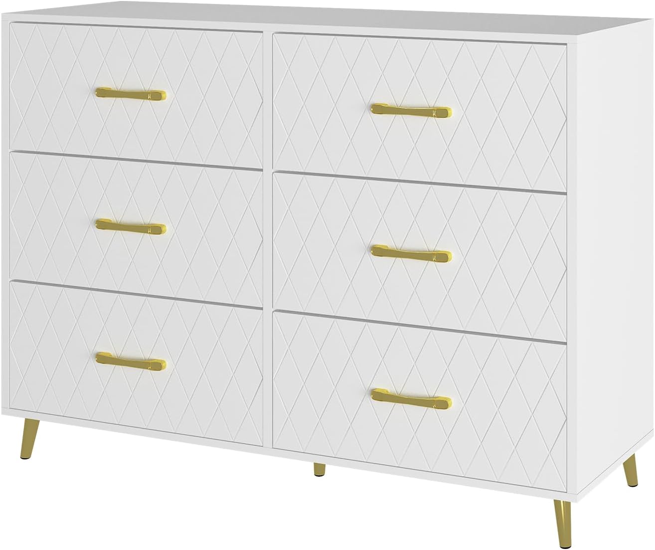 Lamerge White Dresser for Bedroom, 6 Drawer Double Dresser with Golden Handle, Modern Drawer Chest, Storage Chest of Drawers for Living Room, Hallway, Entryway