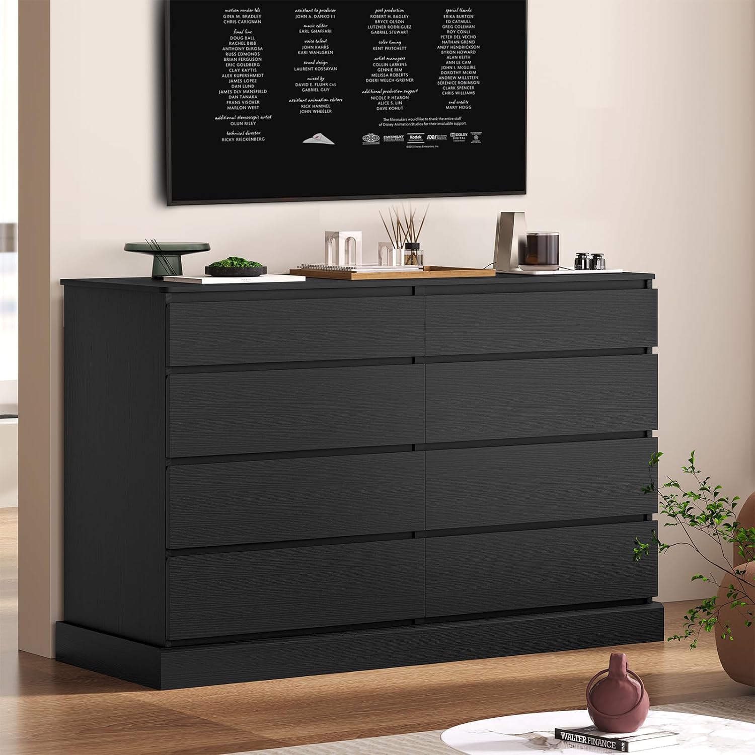 Hasuit Black Dresser for Bedroom, Long Dresser with 8 Drawers, 51.5''W Wooden Dresser Chest of 8 Drawers, Large Capacity Clothing Storage Cabinet, Wide Dresser for Bedroom Living Room Entryway