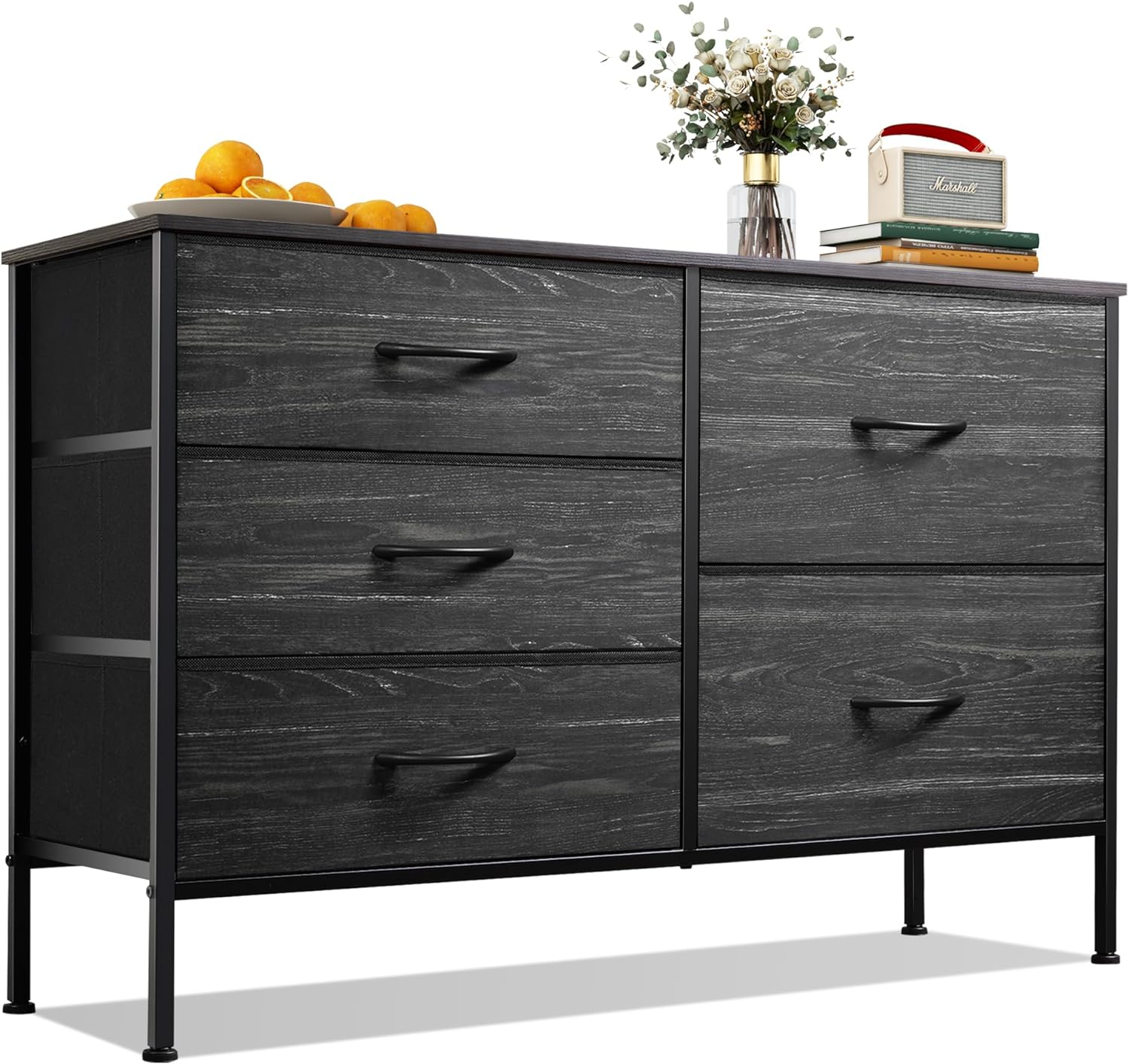 WLIVE Dresser for Bedroom with 5 Drawers, Wide Bedroom Dresser with Drawer Organizers, Chest of Drawers, Fabric Dresser for Living Room, Closet, Hallway, Charcoal Black Wood Grain Print