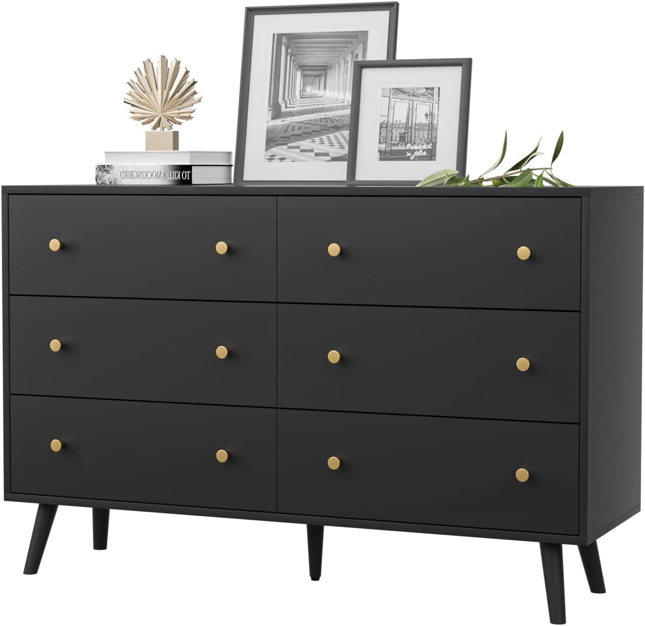 Dresser for Bedroom, Modern Black Dresser with 6 Drawers, Wide Chest of Drawers with Gold Handles