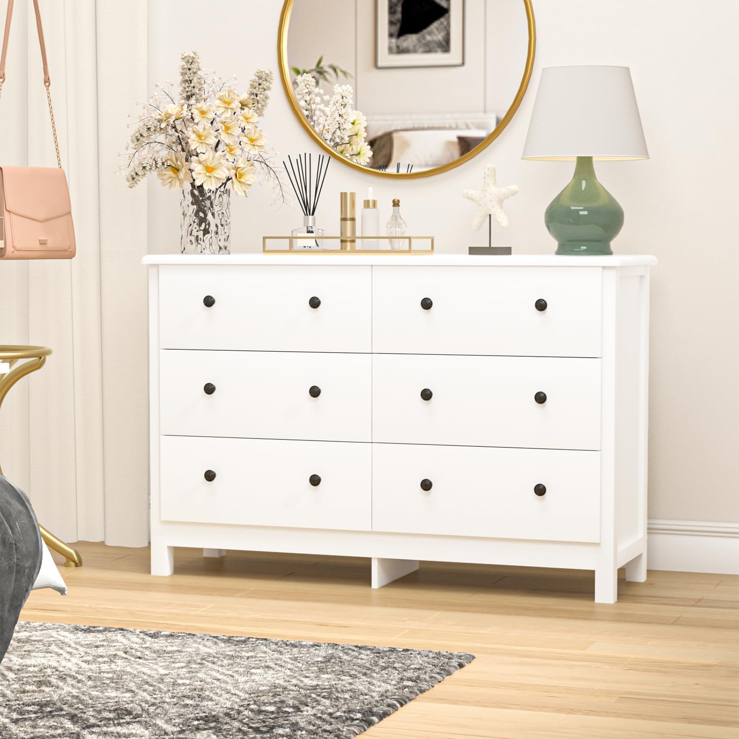 White Dresser for Bedroom, Modern 6 Drawer Dresser for Kids Room, Wide Chest of Drawer with Black Pulls