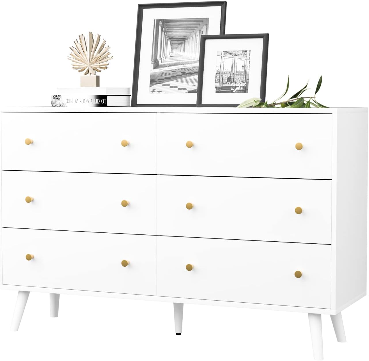 Dresser for Bedroom, Modern White Dresser with 6 Drawers, Wide Chest of Drawers with Gold Handles